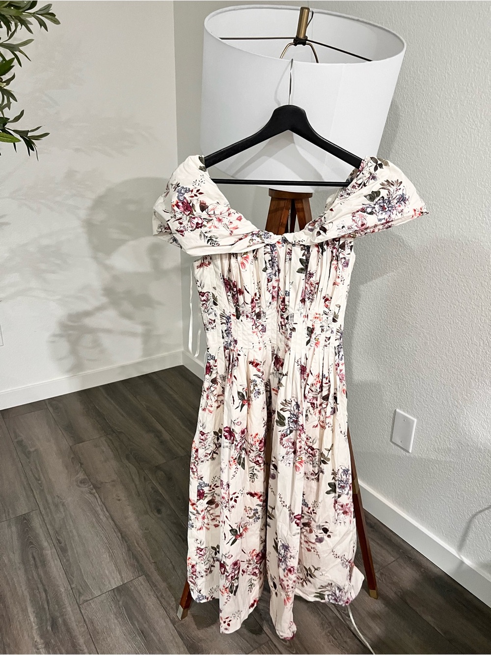 Off-Shoulder Floral Midi Dress in Cream with Pink Accents